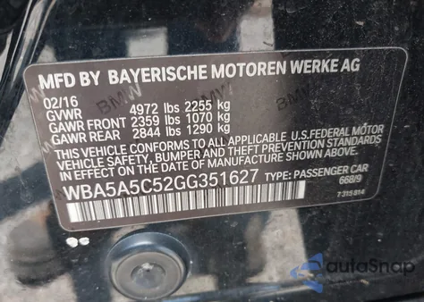 2016 BMW 528I из США, поврежденный, VIN WBA5A5C52GG351627